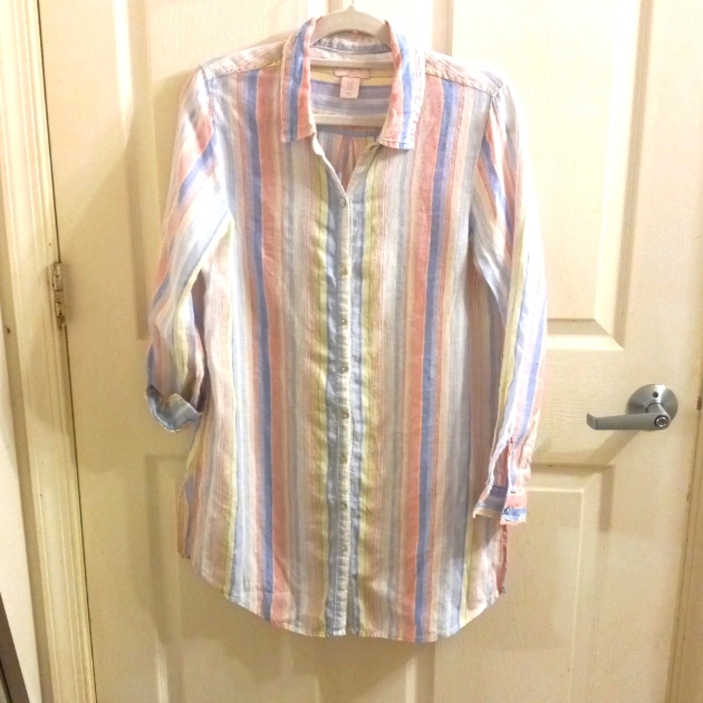 100% Linen St. Tropez Lg. Women's Top/Blouse/Shirt/Tunic Pastel Stripes EUC